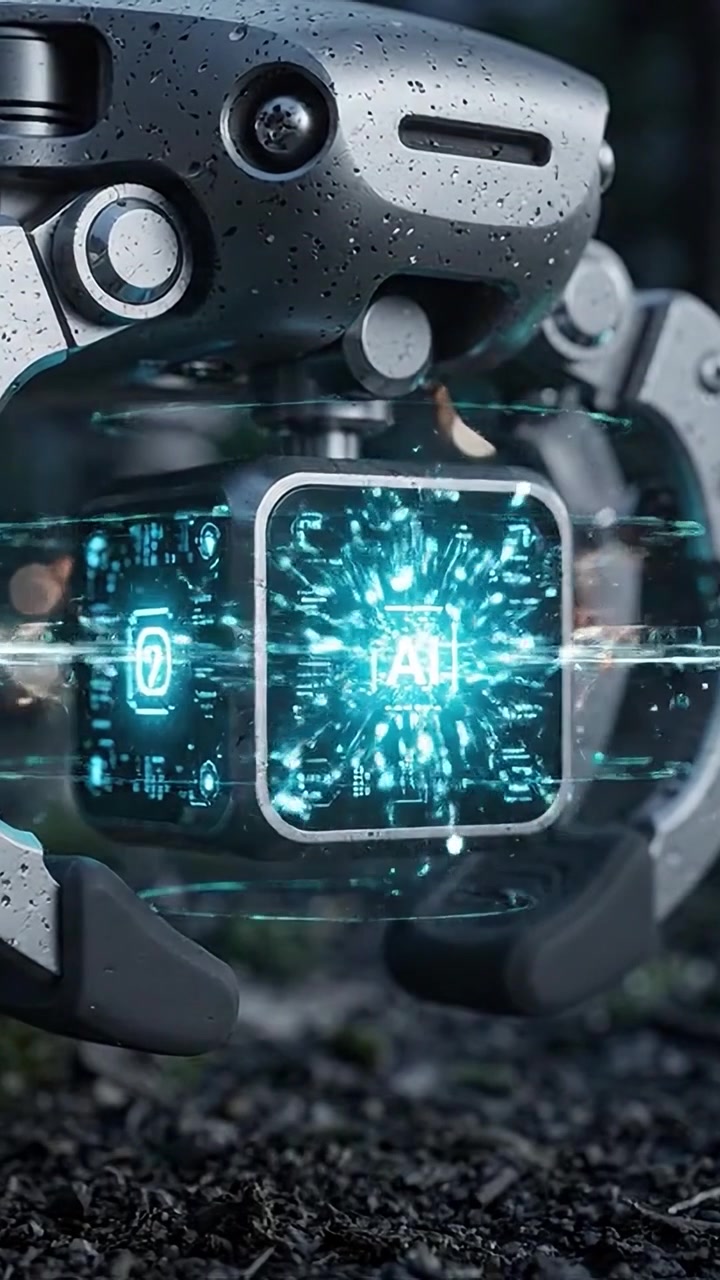Un examen de cerca de un brazo robótico moderno que presenta tecnología avanzada de IA y un diseño metálico elegante rodeado por un entorno empapado por la lluvia