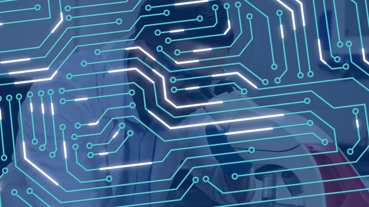 Animation of microprocessor connections over male scientist using microscope