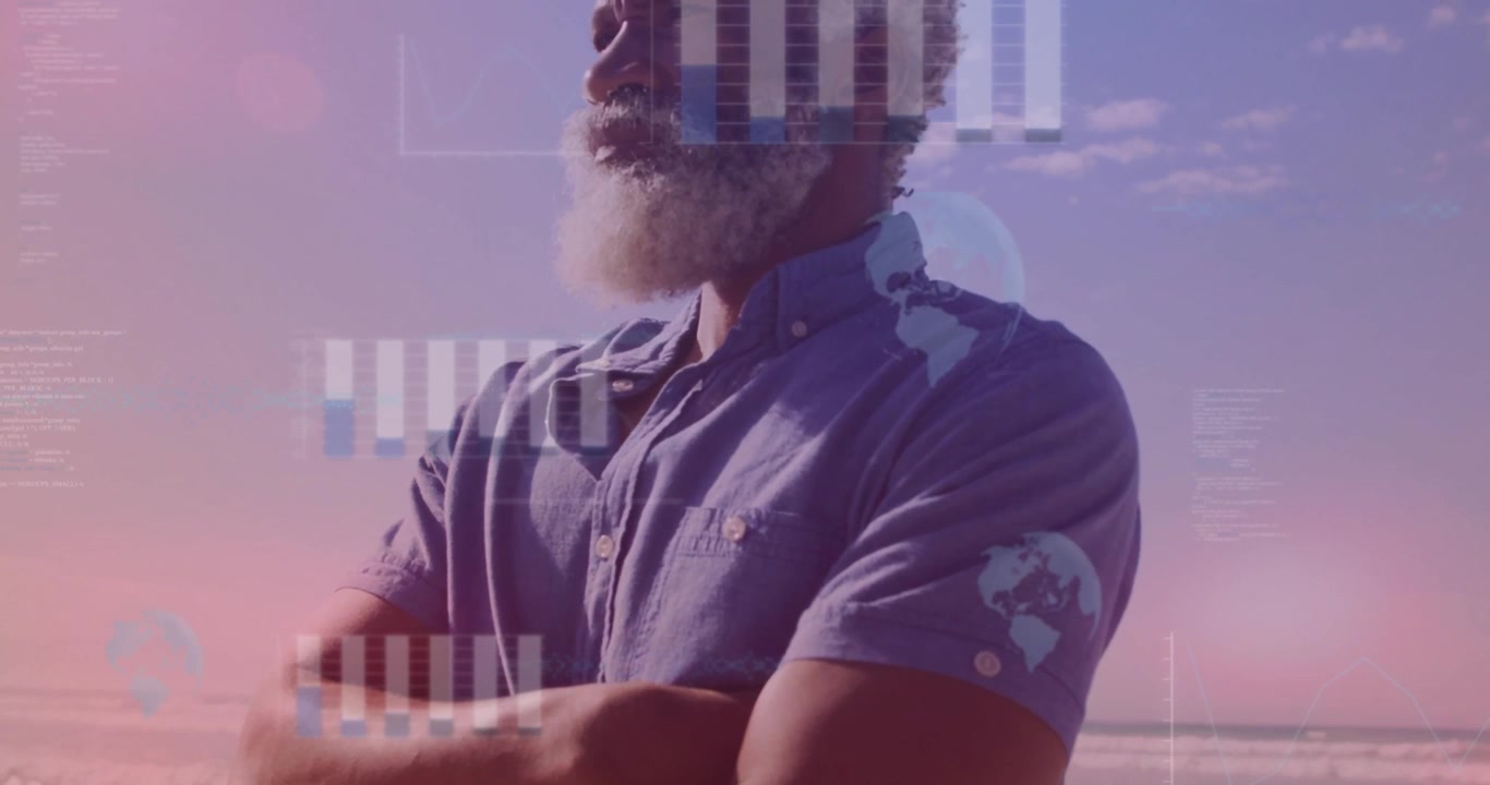 senior man standing on beach at sunset, displaying floating bar charts and globe icons for finance