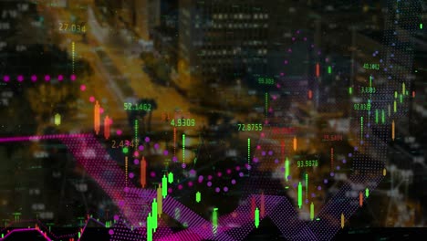 animación del procesamiento de datos financieros frente a una vista aérea del paisaje urbano por la noche