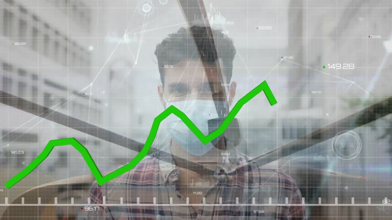 animación del procesamiento de estadísticas con línea verde sobre el hombre con máscara facial y cuadrícula