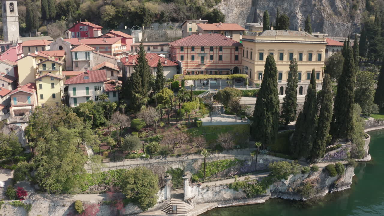 Drone View of a Villa in Varenna, on Lake Como, in Italy