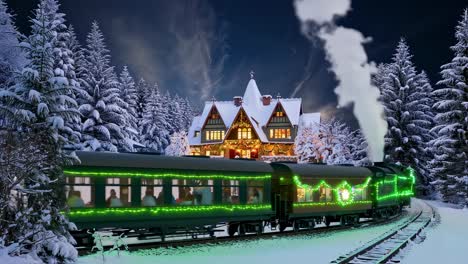 nostalgic steam train gliding through snow covered forest, passing wooden house adorned with glowing christmas lights, creating enchanting winter nighttime scene