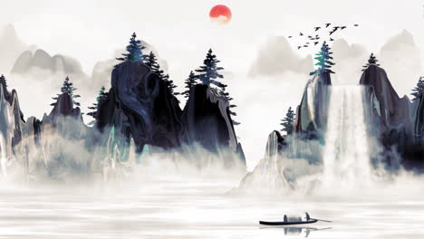 fantasy bright ambience landscape of beautiful morning sky, mountains, flowers, lake, ancient house with simple animation in japanese chinese anime watercolour style