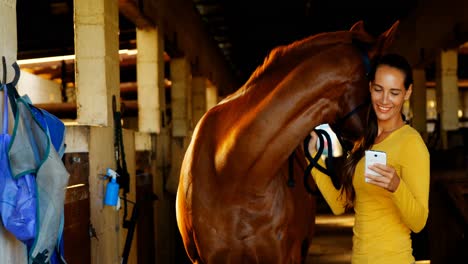 Woman-using-mobile-phone-while-holding-a-horse-4k