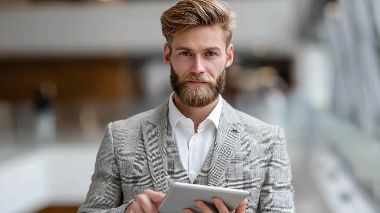 Confident Young Man with Beard and Stylish Attire Engaging with a Tablet in a Modern Indoor Environment, Showcasing Professionalism and Charisma