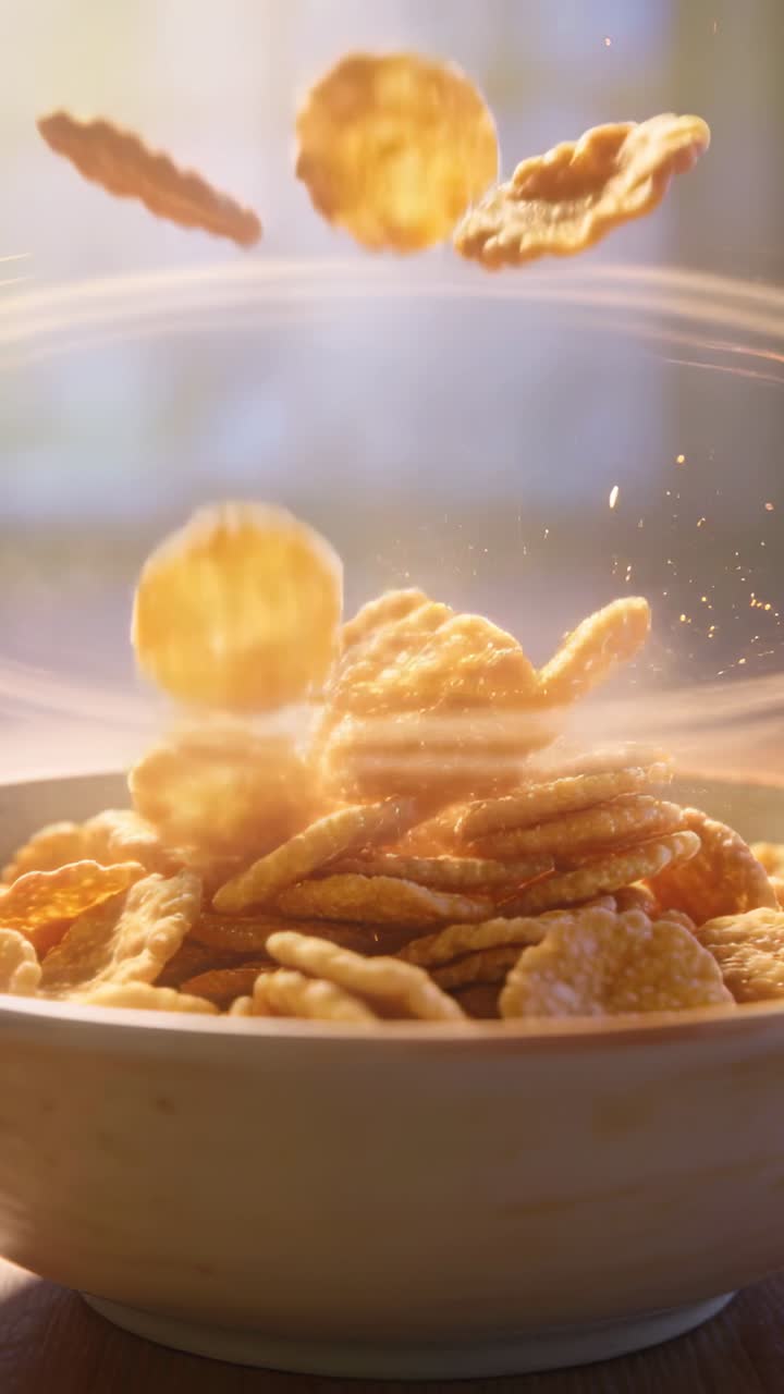 Video verticale: Fiocchi di cereali che cadono e si raccolgono in una ciotola di ceramica su un tavolo, creando briciole e scintille