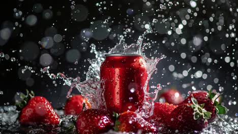 red soda can with strawberries and splash