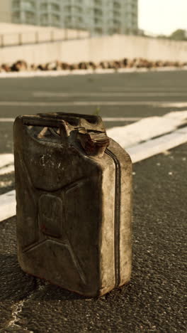 a rusty gas can on a road in a city