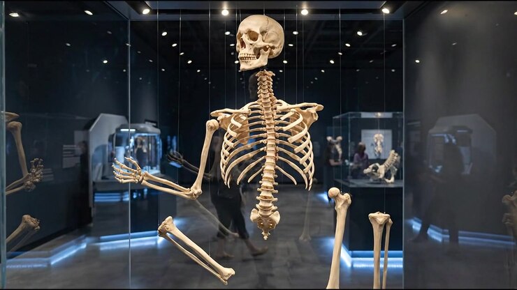 Scheletro umano in mostra in un'esposizione museale