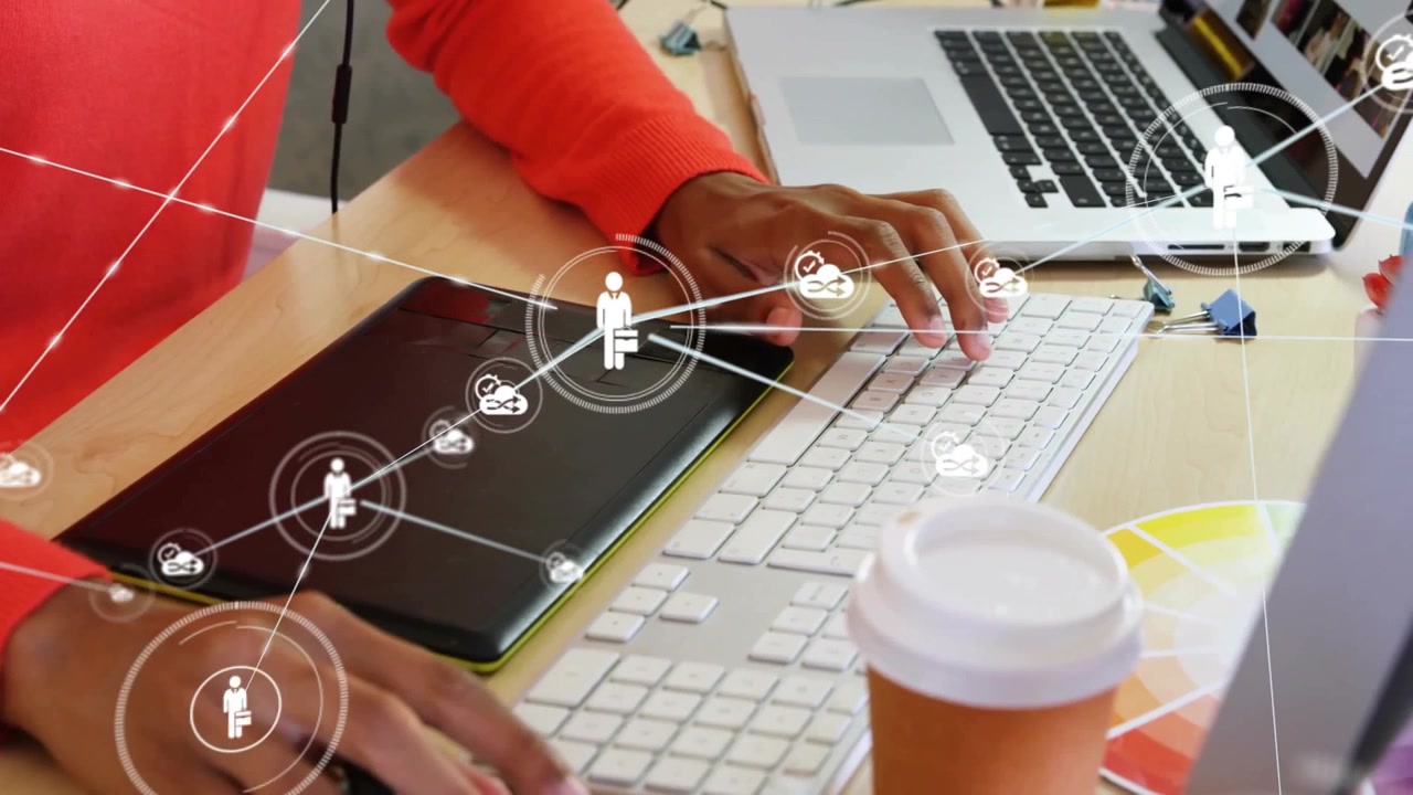 Animation of network of connections with icons over businesswoman using computer