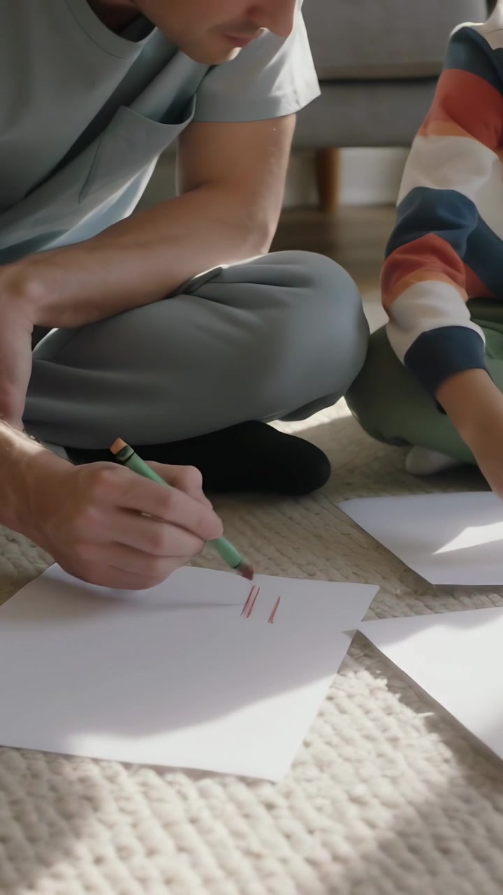 Video verticale: Stendendo fogli, uomo e bambino in maglietta a righe che fanno segni con i pastelli a casa, guidando.