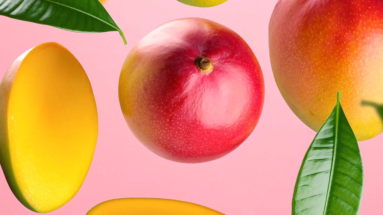 Manghi freschi e maturi e foglie che cadono su sfondo rosa