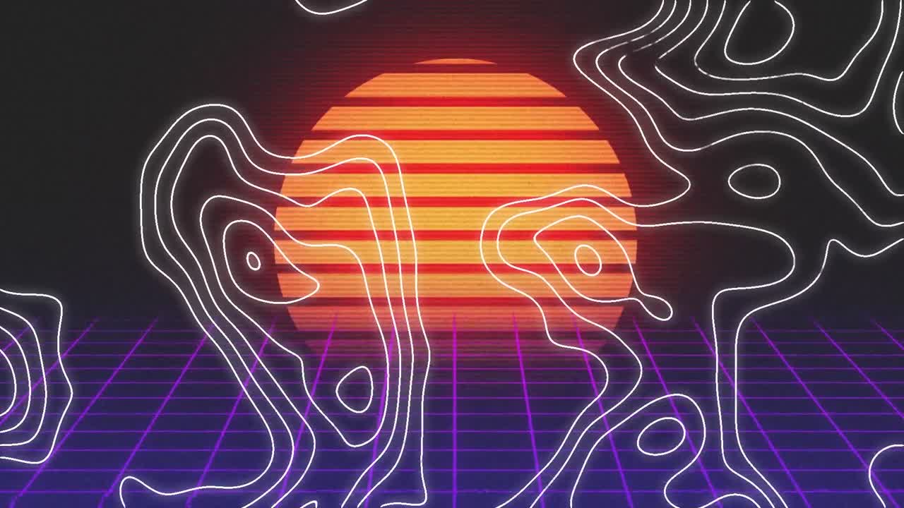animación de líneas de contorno blancas moviéndose sobre el sol y la cuadrícula púrpura, moviéndose en negro