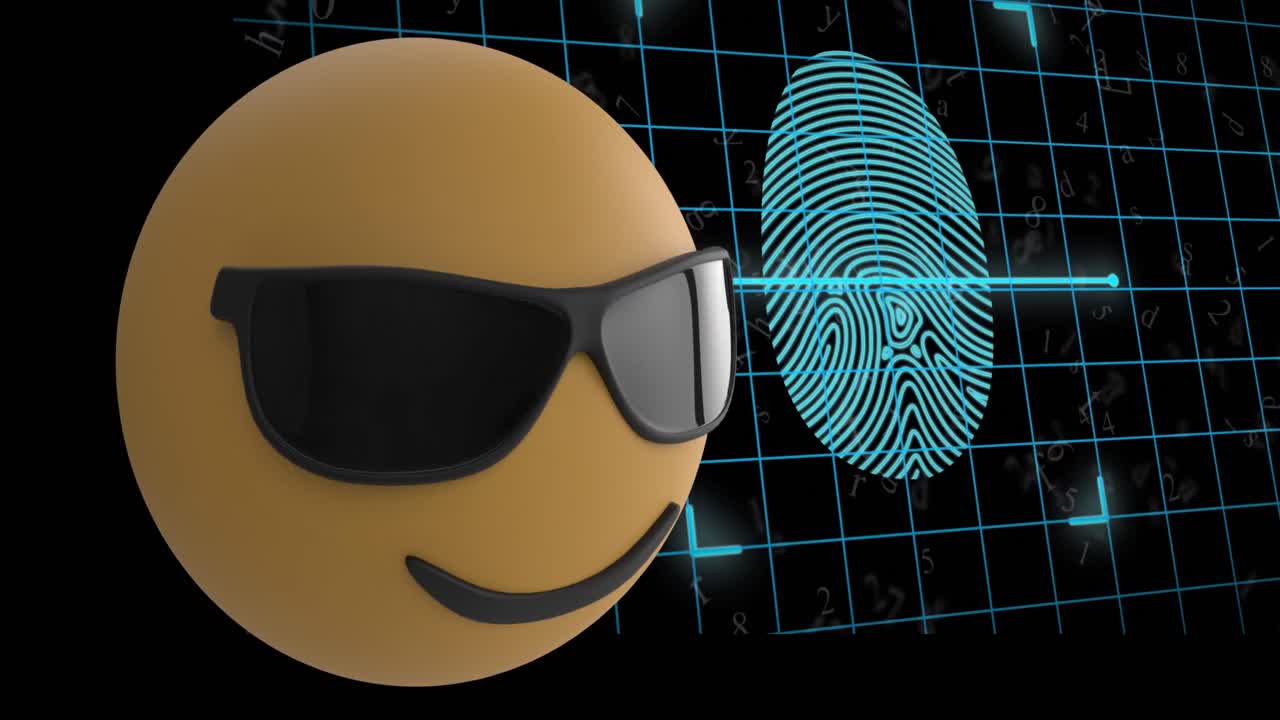 animación del emoticon sobre el patrón de cuadrícula en el escaneo de la huella dactilar contra letras, símbolos, números
