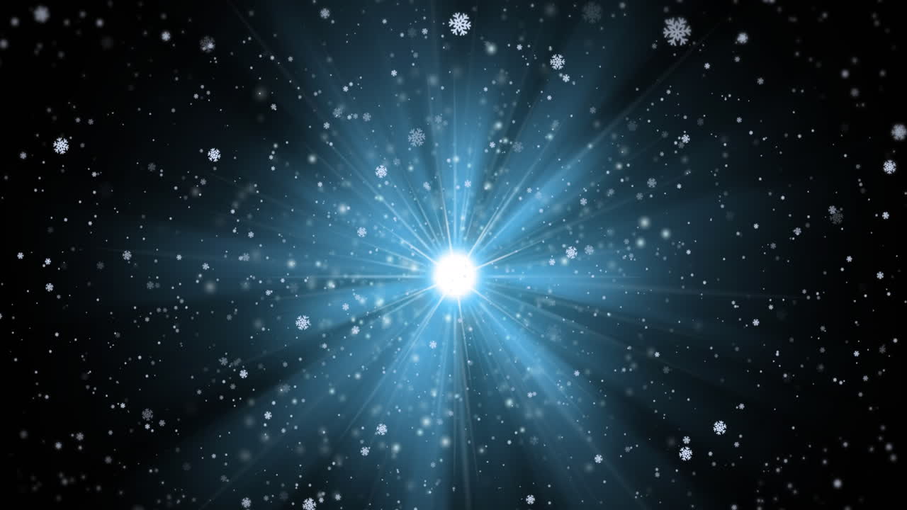 파란색 바탕에 빛의 흔적 위에 눈이 떨어지는 애니메이션