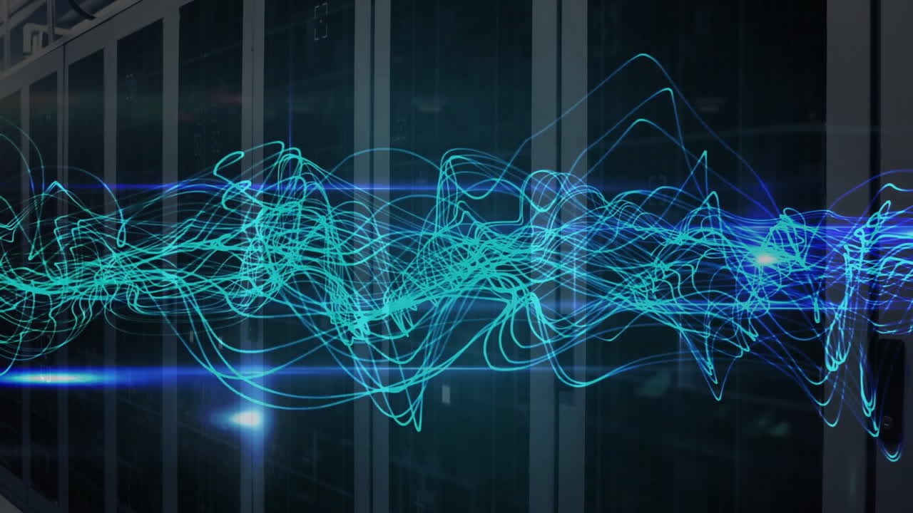 Forming wave patterns, abstract blue lines in data processing animation over server racks