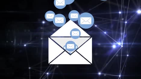Multiple-envelope-icons-floating-over-glowing-network-of-connections-against-black-background