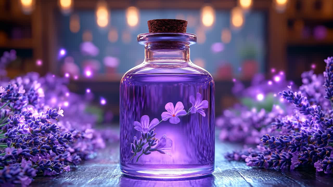 Crafting beauty with lavender essence. A glass bottle filled with lavender essence sits surrounded by fresh lavender flowers on a wooden table