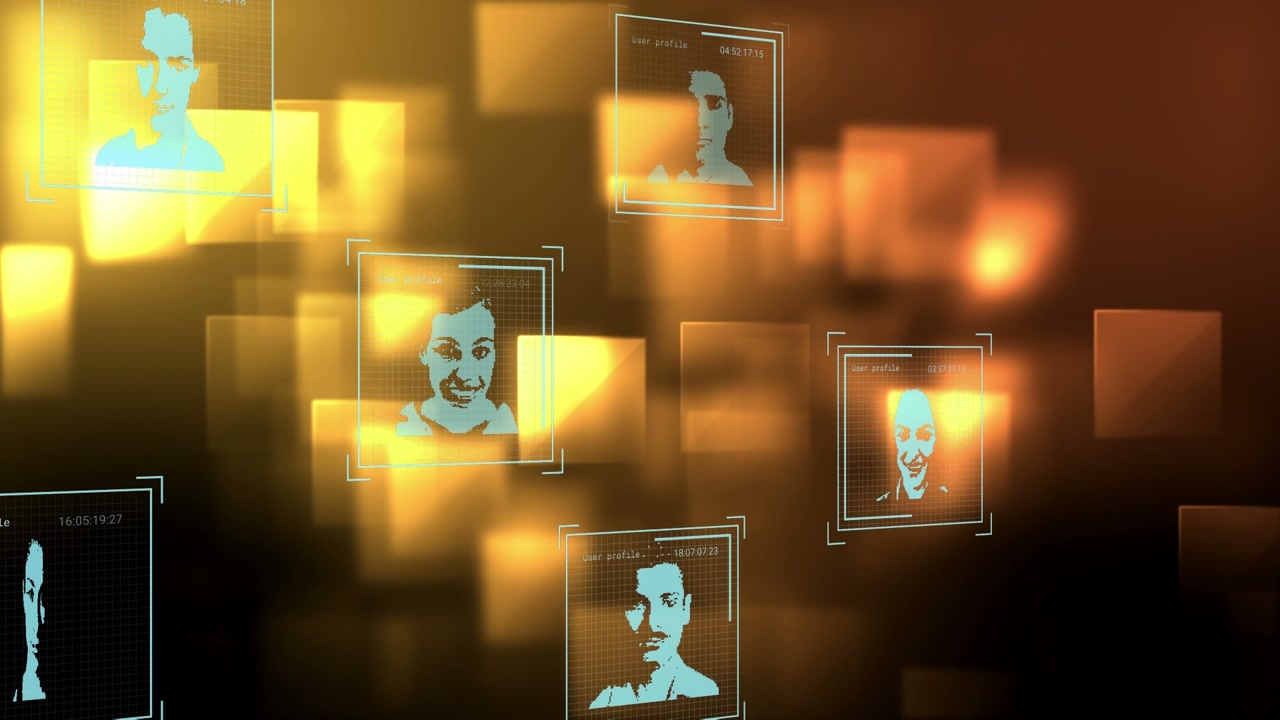 Animation of data processing with diverse people portraits over glowing shapes