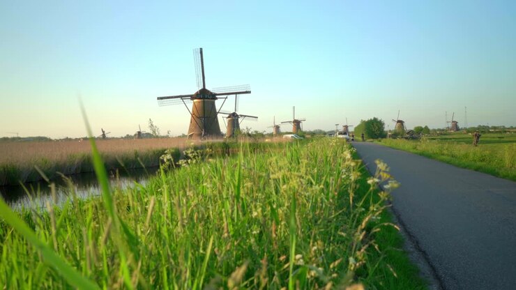 Mulini a vento olandesi nel famoso paesaggio rurale dei Paesi Bassi a Kinderdijk