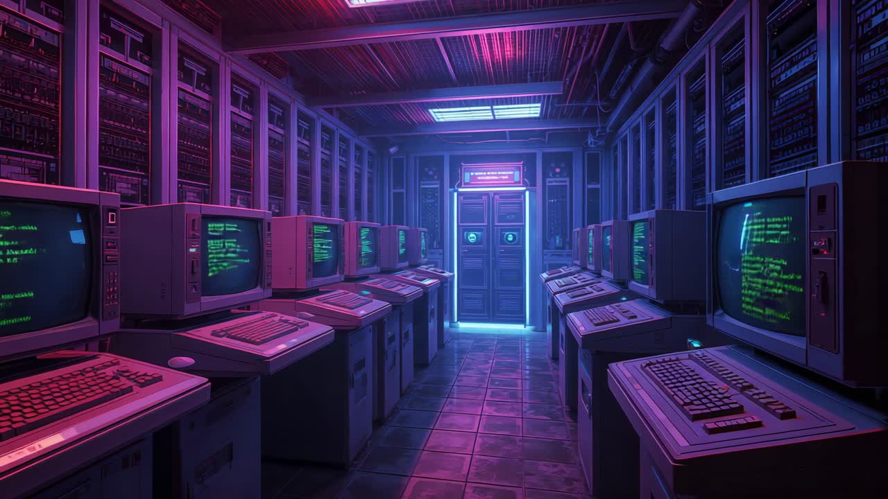 Powering CRT monitors flickering green code in neon data center corridor, with server racks