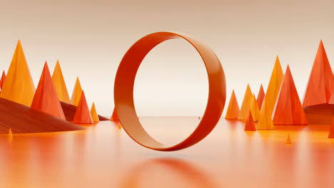 abstract geometric landscape with floating orange ring and pyramids