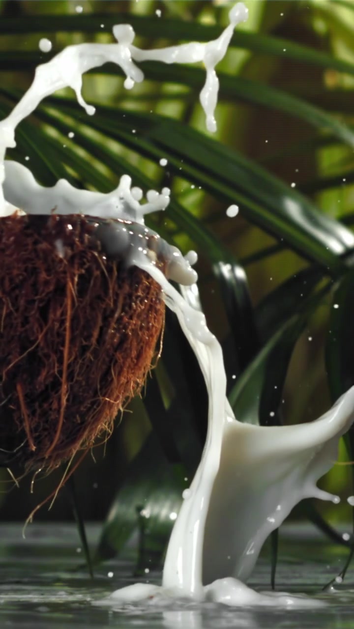 Tropical Coconut Breaking Open and Milk Splashing in Slow Motion