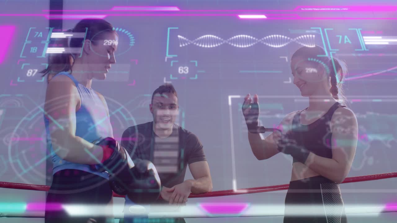 Coach giving cue, two women boxers tightening gloves and wraps, preparing sparring, HUD tracking HR