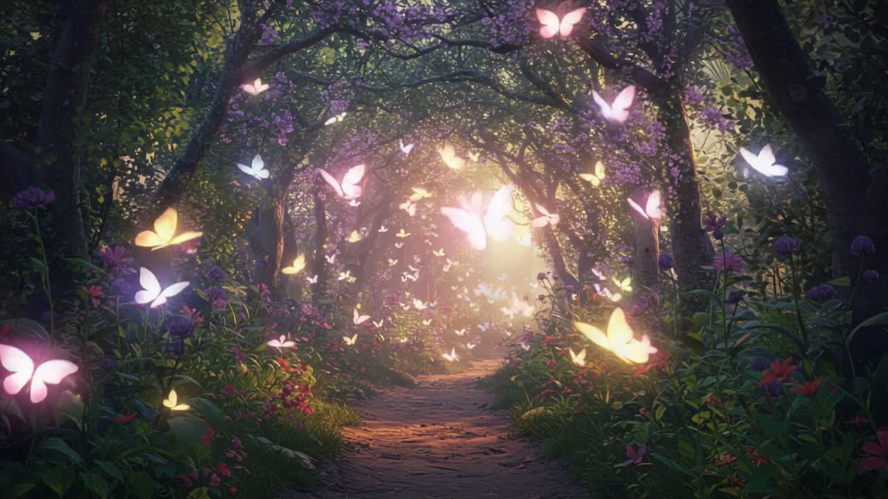 A Magical Walk Through a Colorful Garden Filled with Beautiful Butterflies, Illuminating the Pathway and Enhancing Nature's Splendor in the Ethereal Twilight
