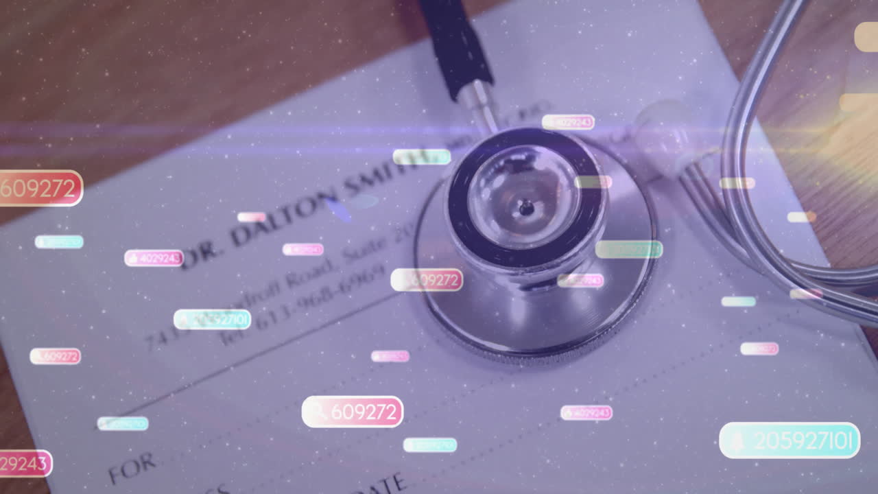 Stethoscope on doctor's letterhead with floating data animation