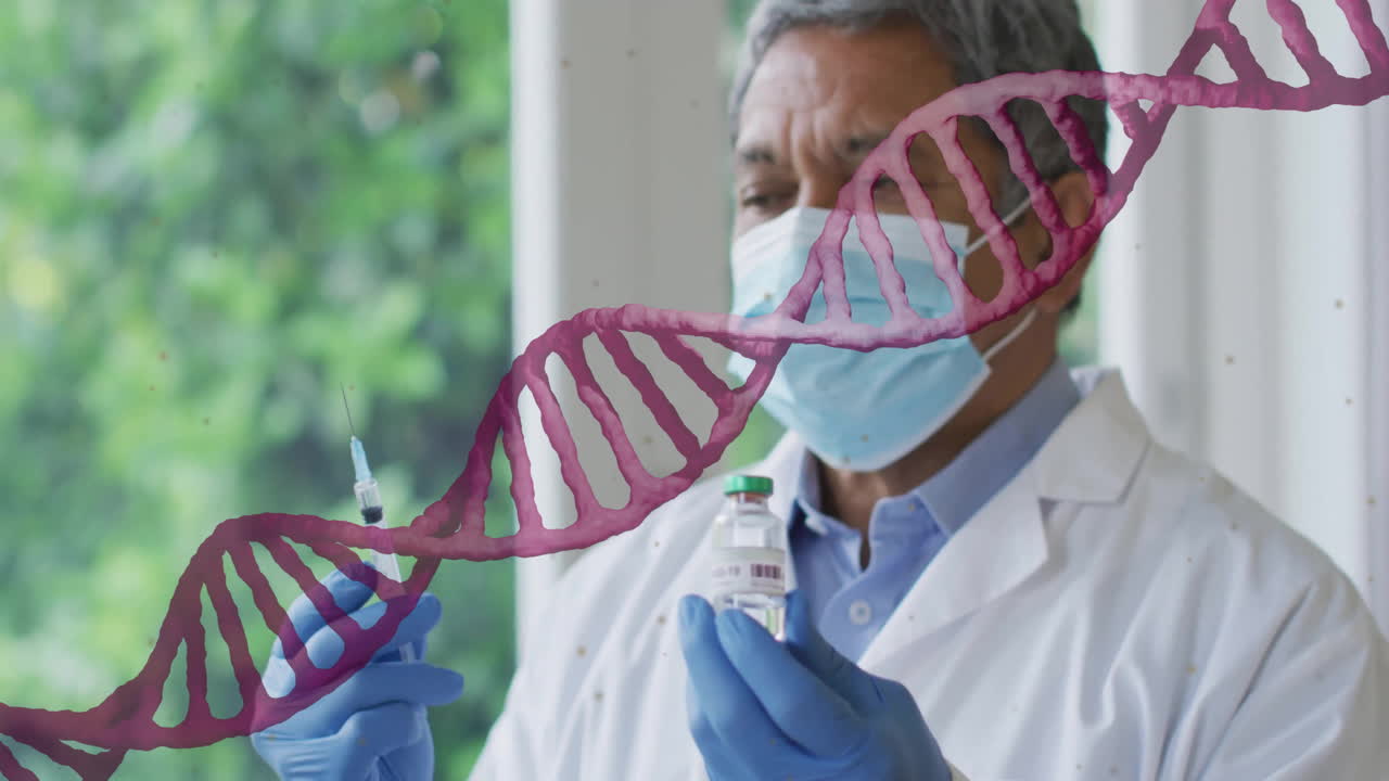 Animation of dna strand over biracial male doctor holding vial and syringe