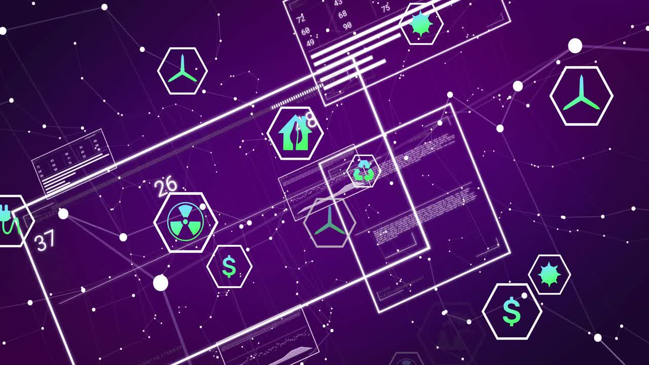 Nodes appearing starting keyboard and eco icons floating data updating rotating visualizing data