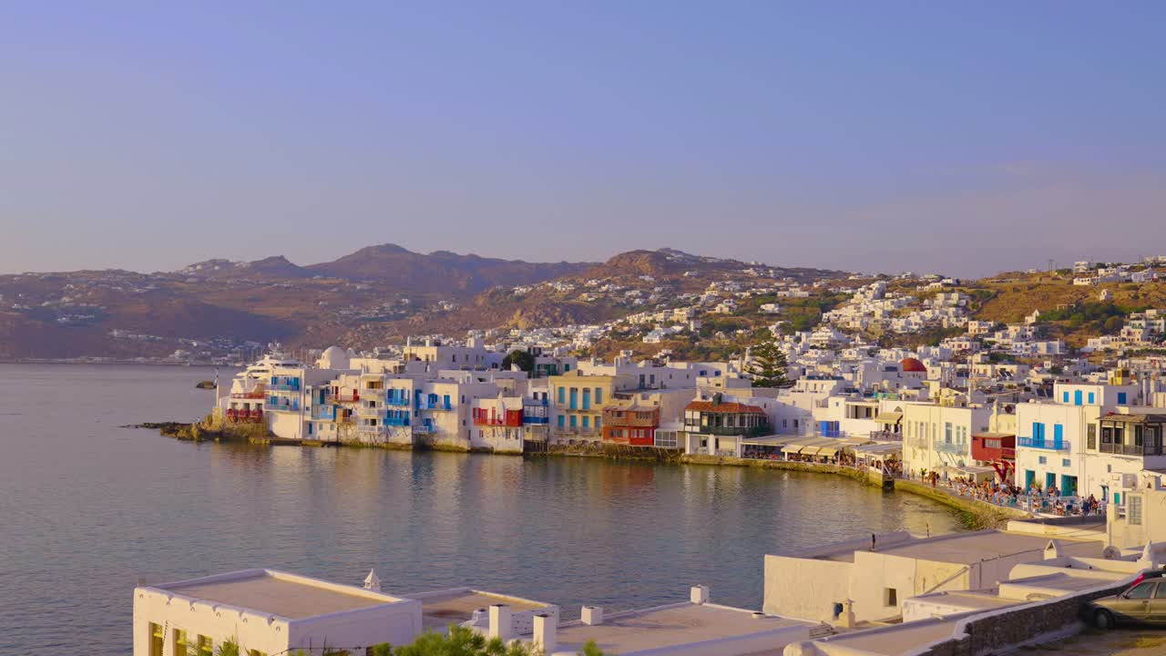 Mykonos island old town coastline including Little Venice and Chora along the Aegean Sea, Greece
