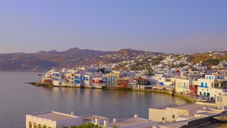mykonos island old town coastline including little venice and chora along the aegean sea, greece