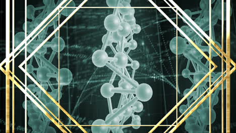 dna strand and geometric shapes over scientific data processing animation