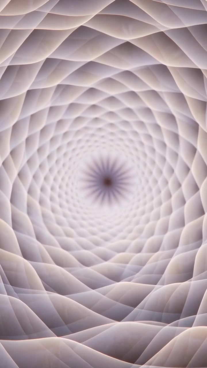 Vídeo vertical: Visão do espectador avançando, túnel espiral se transformando de pétalas em um núcleo de favo de mel.