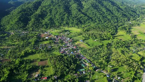 rural barangay village town amid lush tropical greenery and mountains at catanduanes, philippines - aerial pullback