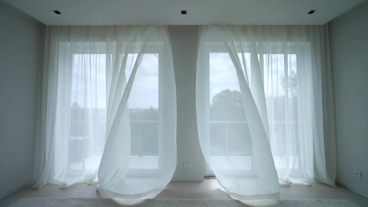 Tende velate che ondeggiano e si aprono verso l'interno per una leggera brezza in una stanza luminosa e vuota, rivelando un balcone