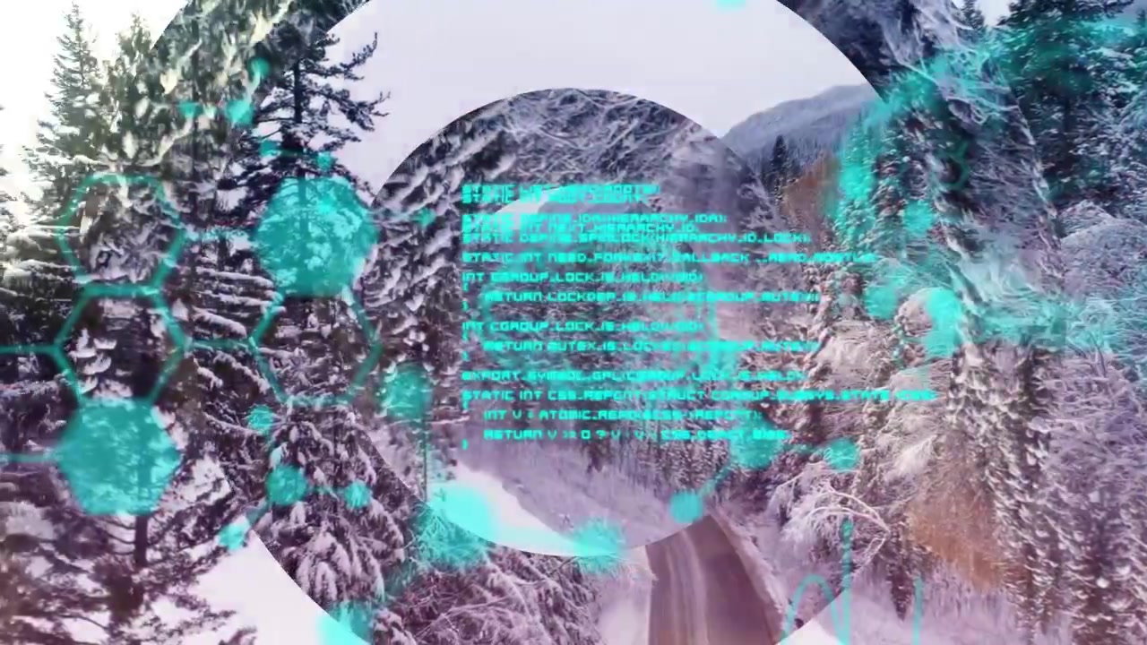 Animation of data processing over light spots and winter landscape
