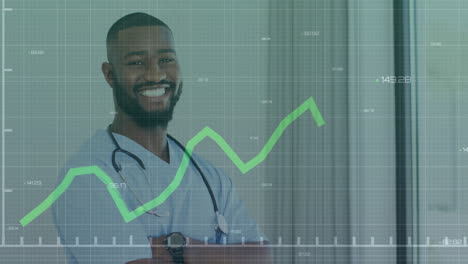 male doctor standing arms crossed in clinic, showing stethoscope under animated green line graph