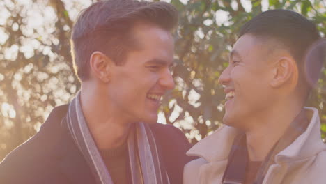 Portrait-Of-Loving-Same-Sex-Male-Couple-On-Walk-In-Autumn-Countryside-Together