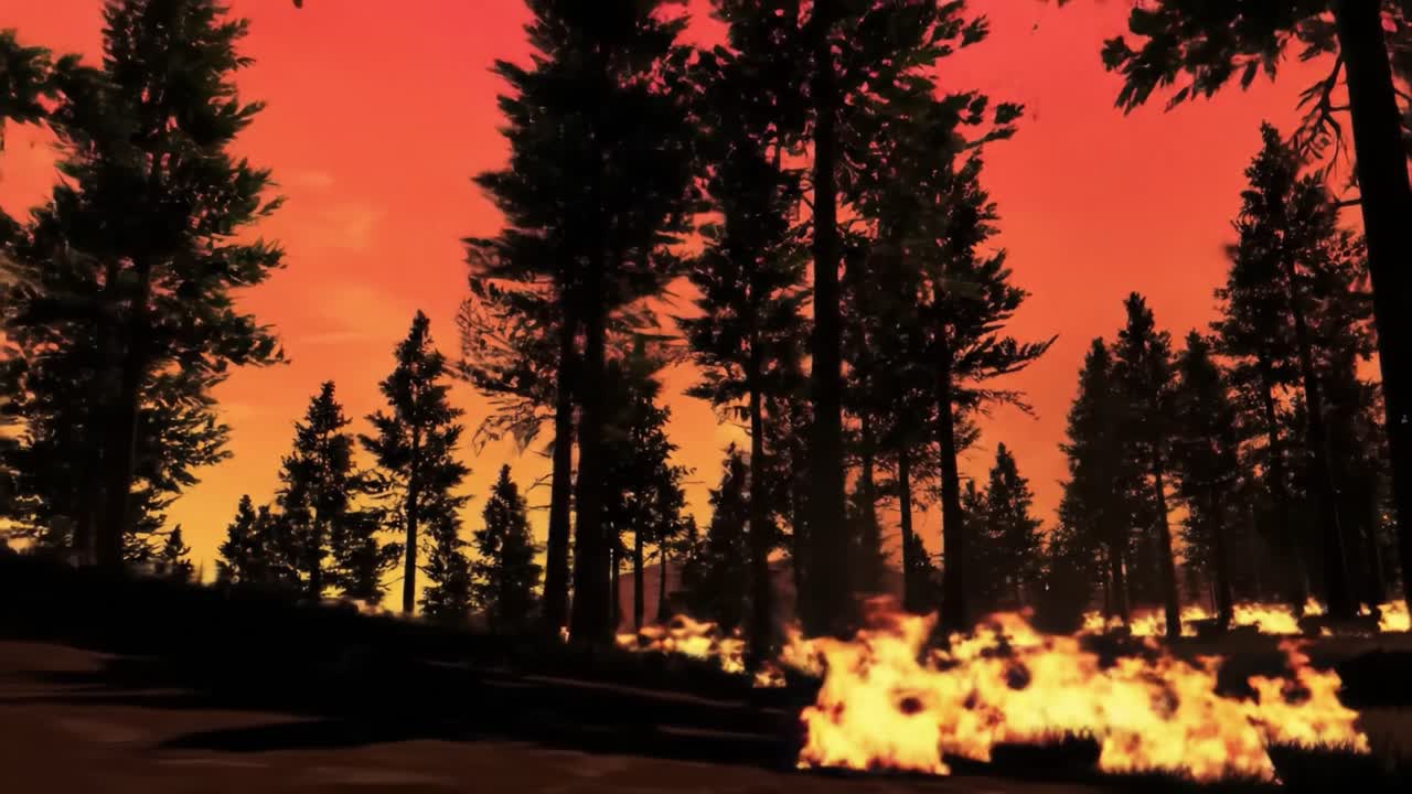 A Majestic Landscape of Fire: Witness the Striking Contrast of Lush Forests against a Fiery Sky, as Flames Dance Among the Trees in This Dramatic Scene