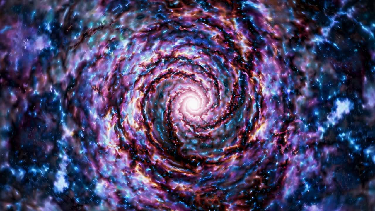 A mesmerizing spiral galaxy in vivid colors, captured from a top-down angle, creating a dynamic