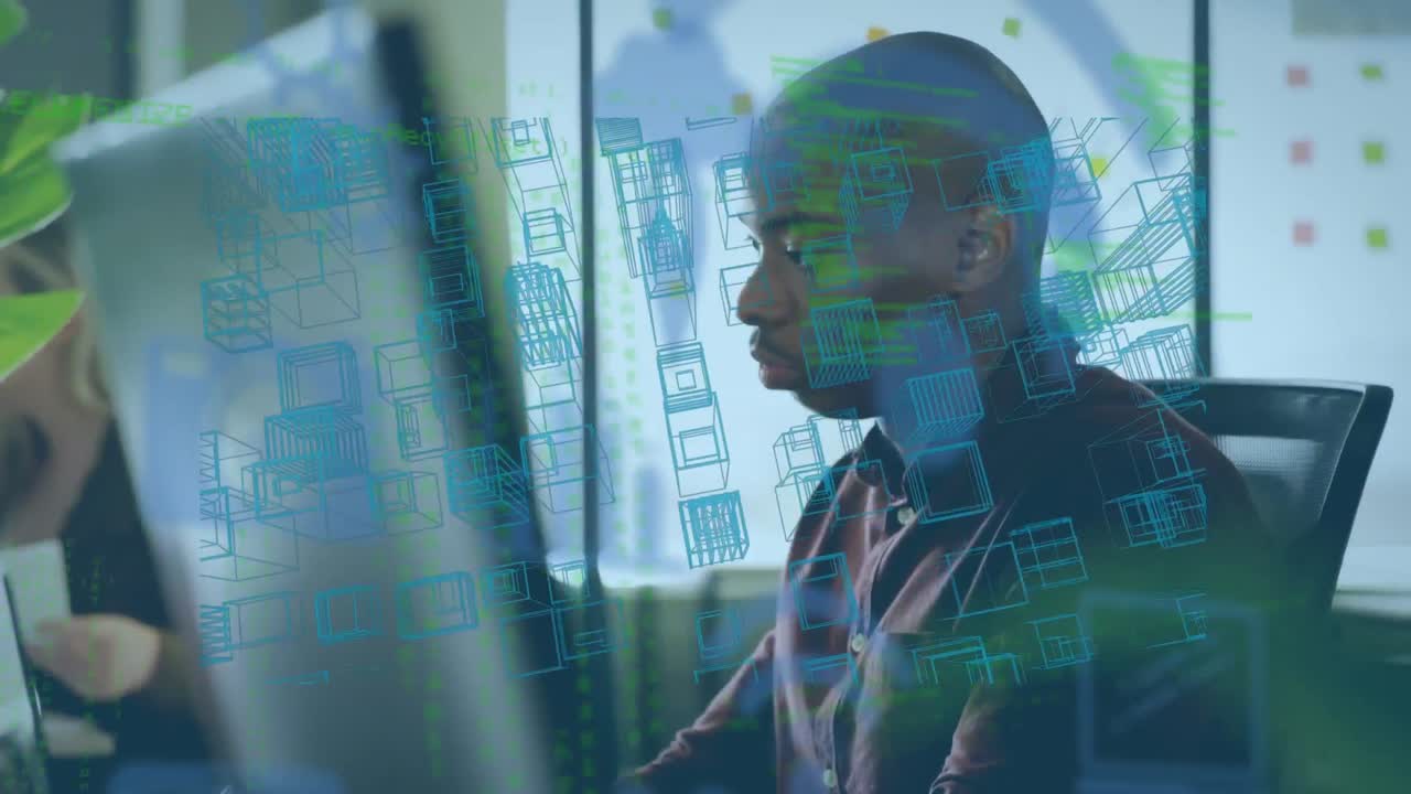 Animation of data processing and digital city over african american businessman using computer