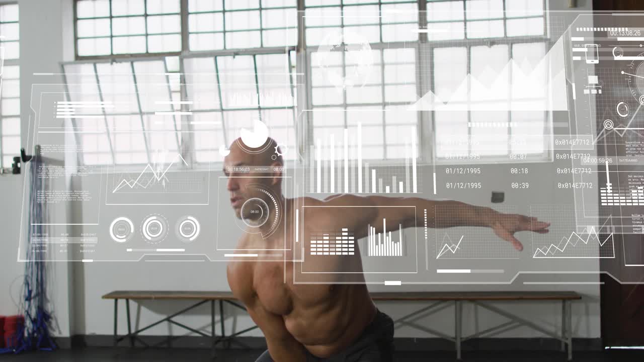 Man swinging one-arm kettlebell in gym, hip drive initiating swings, charts tracking progress