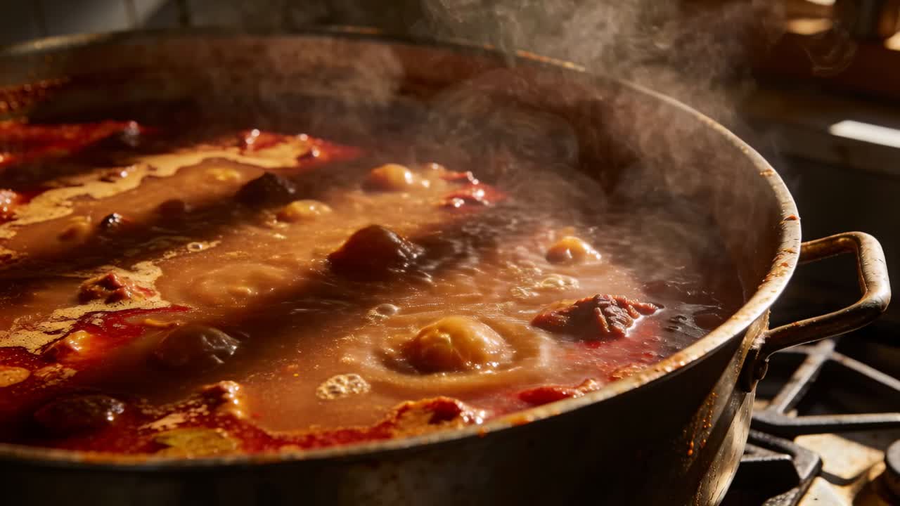 Bruciatore a gas riscaldante che scalda una pentola di metallo sul fornello di casa, con gnocchi e carne che sobbalzano per cucinare lo stufato
