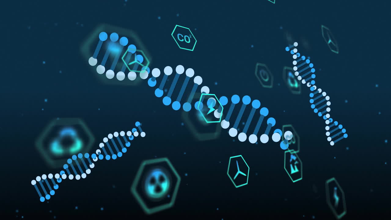 DNA strand and hexagonal shapes, scientific data processing animation