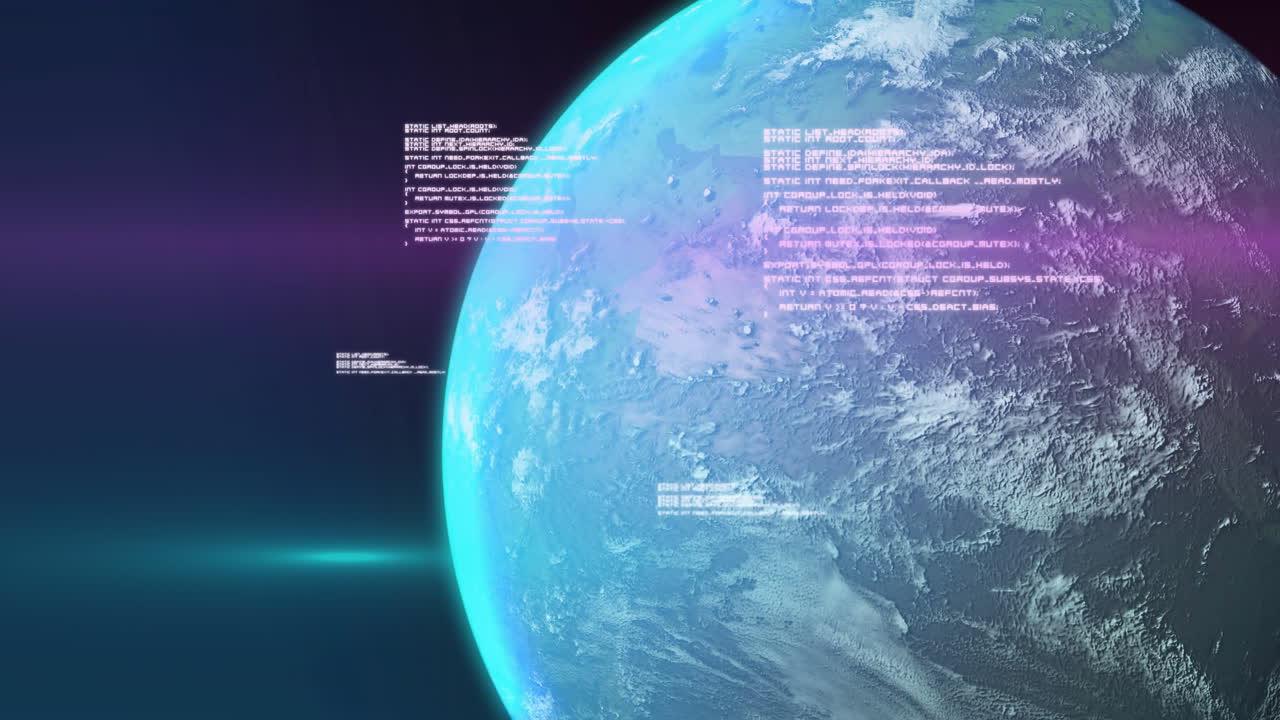 Digital data streams flowing over Earth's surface in space-themed animation