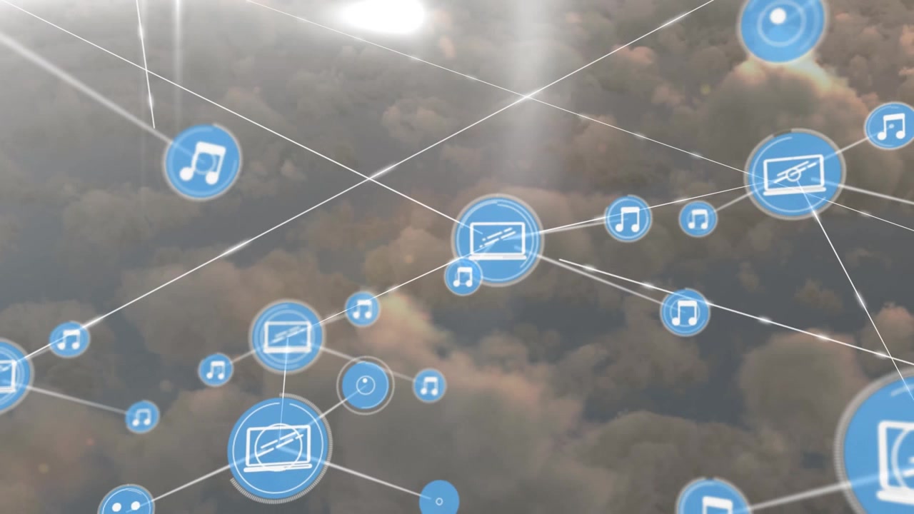 Animation of network of digital icons against clouds in the sky